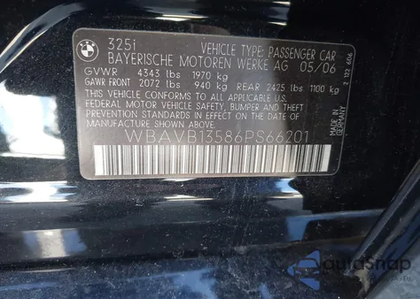 2006 BMW 325I из США, поврежденный, VIN WBAVB13586PS66201